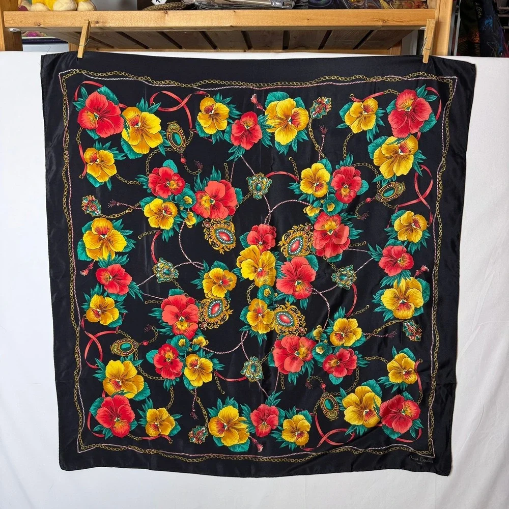 Vintage Pierre Cardin Scarf Square Black Red Floral Hand Rolled Silk READ